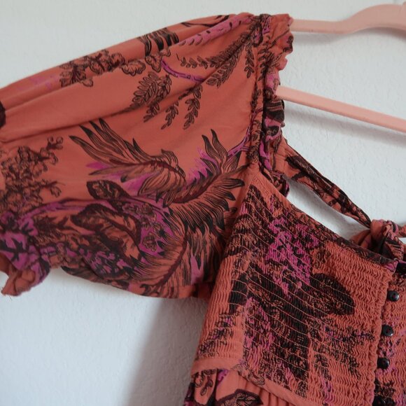 Anthropologie Puff-Sleeve Smocked Dress Midi Floral Orange Size Small - Picture 9 of 12